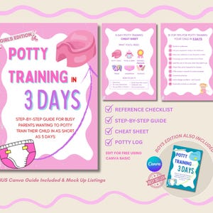 Könnte beinhalten: Ein rosa und weißes Handbuch mit dem Titel "Potty Training in 3 Days" mit einer Schritt-für-Schritt-Anleitung für Eltern. Enthält ein Cheat Sheet, eine Referenzcheckliste und ein Töpfchenprotokoll. Ein Bonus-Canva-Leitfaden ist ebenfalls enthalten.