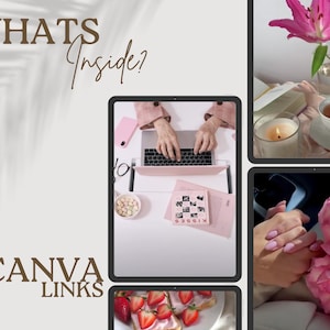 Puede incluir: Un collage de im&aacute;genes que presenta una computadora port&aacute;til, un libro, una taza de t&eacute;, una vela, un ramo de rosas rosadas y un plato de fresas con crema. El texto "WHATS Inside?" est&aacute; escrito en cursiva marr&oacute;n sobre un fondo blanco. El texto "CANVA LINKS" est&aacute; escrito en letras may&uacute;sculas marrones sobre un fondo blanco.