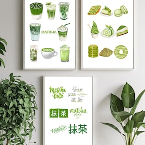 Matcha Wall Art Set | Green Tea Drink & Dessert Prints | Kitchen Cafe Decor | Japanese Matcha Poster | Matcha Lover Gift | Sage Green Coffee