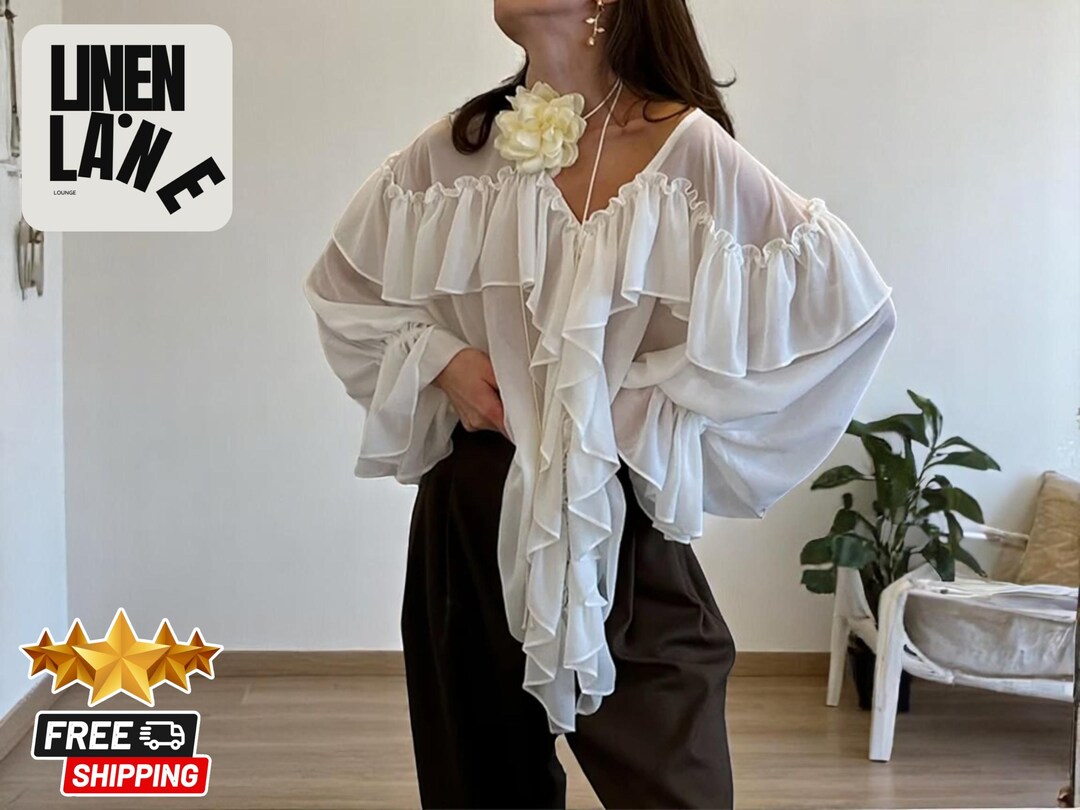 Boho Floral Ruffle Blouse — V-Neck Lantern Sleeve Button-Down Top