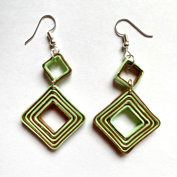 Quilled Rectangular Drop Earrings, Elegant Light Green & Brown jewelry, Handcrafted Stylish wearable accesoires for Office Everyday Elegance