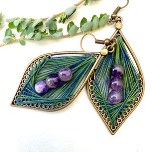 Amethyst thread teardrop earrings,Peruvian dangle woven crystal earrings,thread elegant jewelry,unique gift for sister,birthstone jewellery