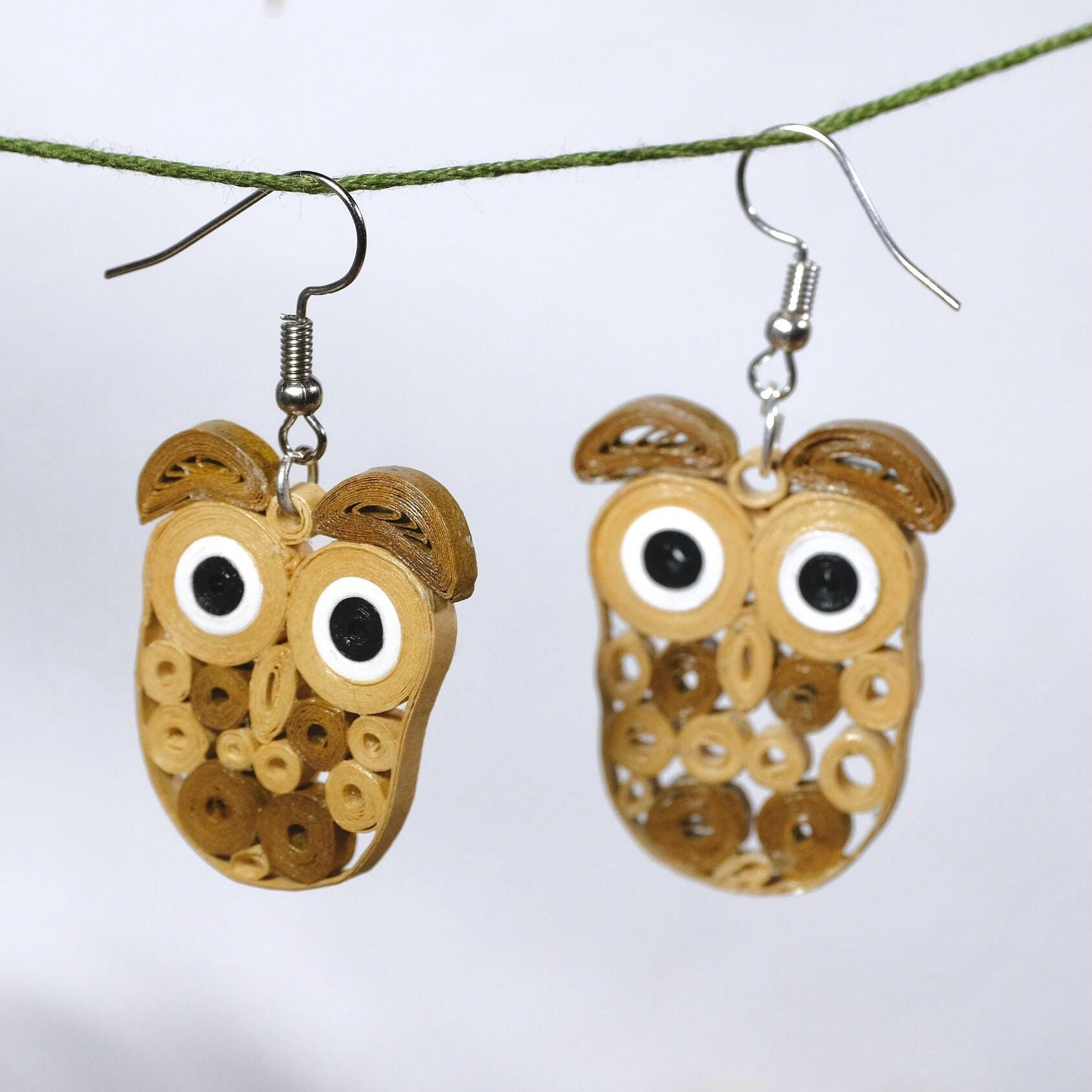 Quilled Owl Earrings: Beige Paper Animal Jewelry, Teacher Gift