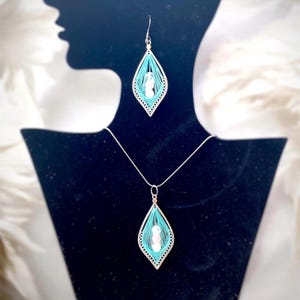 Turquoise Peruvian jewelry set,Elegant rose quartz dangle Earring,Pendant necklace,unique anniversary gift for her,gemstone handmade jewelry