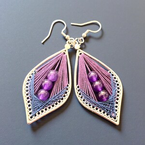 Purple amethyst Earrings teardrop, Navy Thread Dangle Earrings,Peruvian Jewelry, Boho Gift for Her, Handmade Gemstone Earrings mismatched