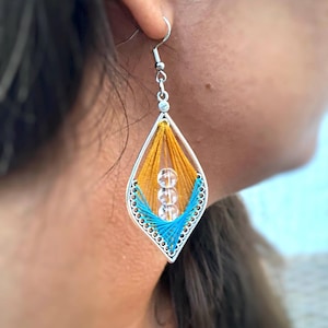 Peruvian thread earrings,teal light blue and ochre, clear quartz earrings azure,daughter in law gift,elegant jewelry,two tone earring ethnic