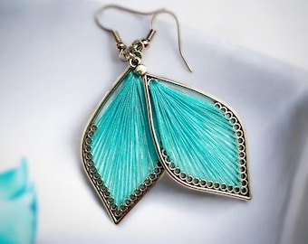 Turquoise Teal Dangle Earrings, Boho Statement Leaf Earrings, Lightweight Handmade Jewelry, Summer Gift for Her, Unique peruvian earrings