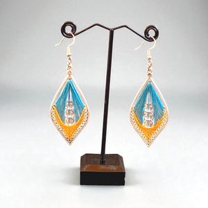 Aqua blue Peruvian thread earrings,elegant light blue and ochre,daughter in law gift,string art earring,two tone ethnic crystal jewelry boho