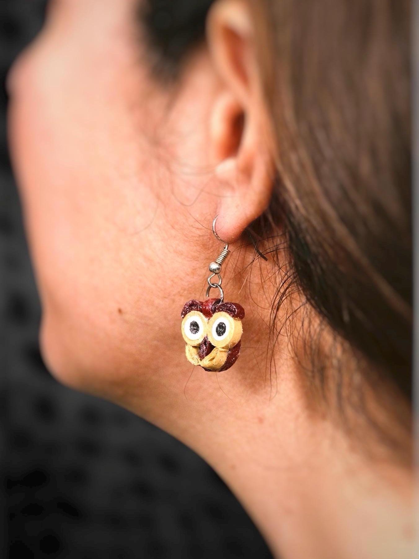 Quilled Owl Earrings: Small Red Paper Earrings, Animal Jewelry