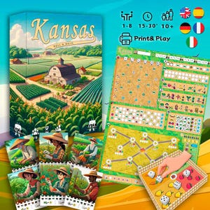 Puede incluir: El juego de mesa "Kansas Roll & Write" presenta una ilustración de una granja en la caja. El juego incluye cartas con agricultores y cultivos, dados y hojas de juego. La caja muestra un granero, campos y el texto "Print & Play".