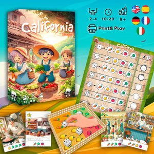 Puede incluir: Juego de mesa "California" con ilustraciones de dibujos animados de niños cosechando verduras. El juego incluye tableros, dados y cartas con gráficos de alimentos. El juego es para 2-4 jugadores, mayores de 8 años y dura 10-20 minutos.