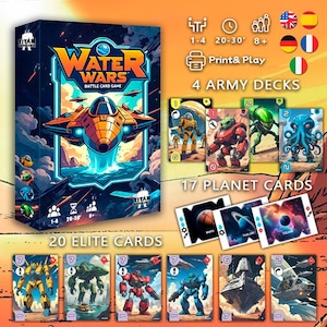 Puede incluir: Un juego de mesa en caja titulado "Water Wars Battle Card Game" con un gráfico de nave espacial naranja y azul. Incluye 4 mazos de ejército, 17 cartas de planeta y 20 cartas de élite. El juego es para 1-4 jugadores, dura 20-30 minutos y es para mayores de 8 años.