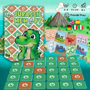 Memoria Jurásica – Juego imprimible de memoria y emparejamiento de dinosaurios / Juego de volteo y memoria para niños y familias / De 2 a 4 jugadores / A partir de 6 años / Descarga digital
