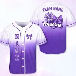 May include: White and purple baseball jersey with a gradient design. The front features the word "NAME" vertically and a bow graphic. The back displays "TEAM NAME" above a megaphone and bow graphic with the word "Cheer".