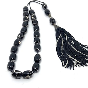 Handmade Greek Komboloi/Worry Beads with Black Coral (Yusuri) and 925 silver (SCO0005)