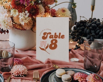 Retro Wedding Table Number with 70s Vintage Flower Design - Editable Canva Template - Printable Table Cards - Whimsical Party Decor - L07