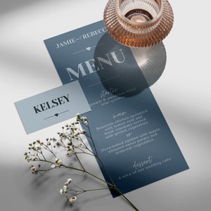 Menu de casamento editável simples e modelo de cartões de lugar para casamento DIY - Cartão de menu e etiquetas de nome de assento Modelo de Canva para impressão - L04