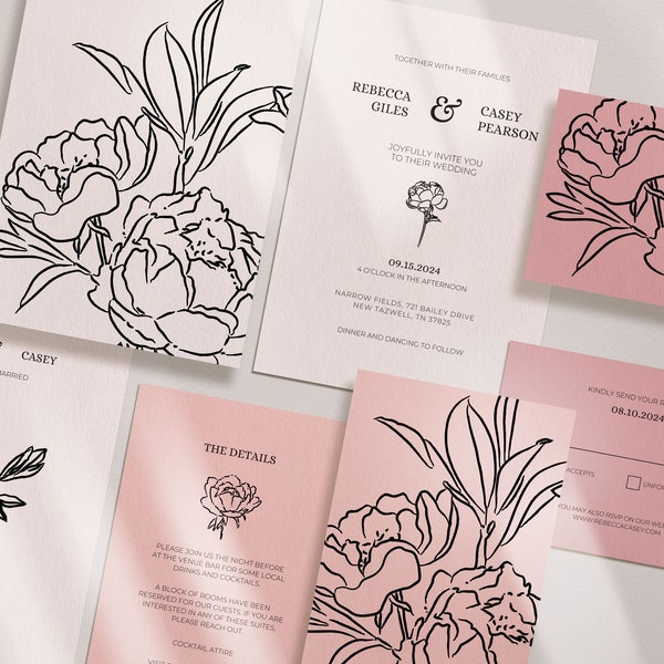 Editable Wedding Invite Template with Hand Drawn Floral Illustrations - DIY Wedding Invitation Set with Peony Illustrations - L06