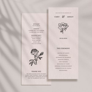Modelo de programa de casamento para impressão - Programa de cerimônia de casamento floral - Pedido ou serviço rosa blush - Cartão de programa DIY - L06