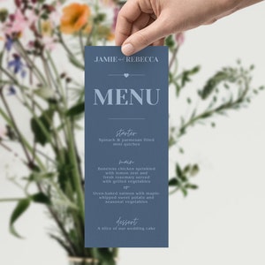 Bearbeitbares Hochzeitsmenü Druckbare Vorlage für DIY Hochzeit - Anpassbare Menükarte Canva Vorlage für Dusty Blue Hochzeit - L04