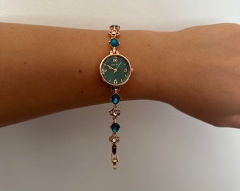 Vintage design, sapphire blue gemstone watch with rose gold wristband, circle face watch,  watch for women, present for her, birthday gift