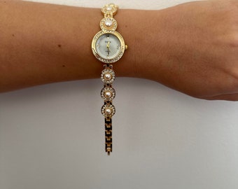 Henrietta Gold diamond pearl watch, circle face watch, daily usage, birthday gift,  present for her, dainty style, vintage inspired