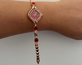 Vintage design, red triangle faced ruby rose  gold watch with gemstones, womens wrist watch, present for her, birthday gift, daily usage
