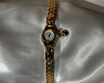 Dainty gold womens watch vintage styled classic with love heart charm , small face watch, present for her