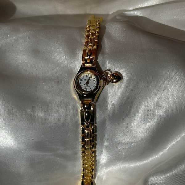 Dainty gold womens watch vintage styled classic with love heart charm , small face watch, present for her