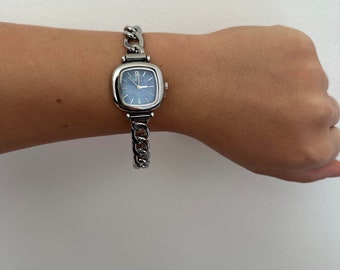 Selene Blue face womens silver wrist watch,  Vintage inspired, dainty style, present for her, birthday gift, daily usage, Square face watch