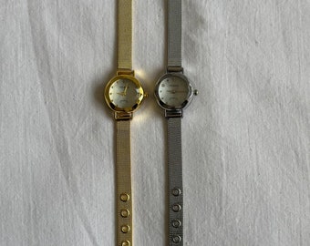 Classic, silver, gold watch with mesh wristband, vintage circle face wrist watch, dainty, everyday usage, adjustable strap, present for her