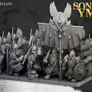May include: A group of grey plastic miniature figures of dwarves with axes and shields, standing in formation with a banner that reads "Sons of Ymir".
