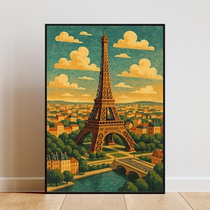 Paris Eiffelturm Wandkunst - Vintage Reise Poster, digitaler Download, Pariser Wohnkultur, Retro Frankreich Illustration, europäische Stadtansicht