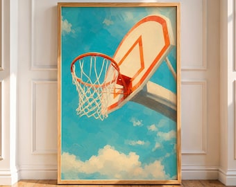 Basketball Hoop Oil Painting Print | Abstract Sky Blue Sports Wall Art | Office Decor | Dorm Room Art | Sport Lover Gift (Digital Download)