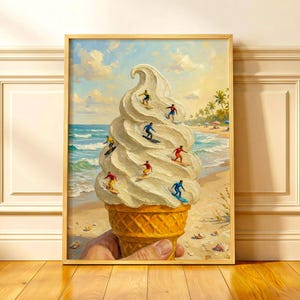 May include: A framed art print depicts a whimsical scene of surfers riding waves on a giant ice cream cone. The cone is held by a hand, with a beach and ocean backdrop. The surfers wear colorful attire.
