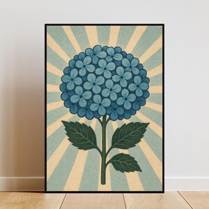 Blue Hydrangea Wall Art Print | Vintage Flower Poster | Retro Botanical Decor | Coastal Granddaughter | Digital Download |Botanical Wall Art