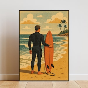 Arte mural retro de surfista, impresión digital de surf en la playa, póster costero oceánico, decoración vintage de verano, tabla de surf imprimible, obra de arte de olas tropicales