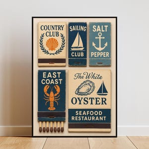 Póster de caja de cerillas náutica, decoración de casa de playa, arte de pared estético, impresión costera, arte marítimo azul, decoración de navegación de moda, póster vintage