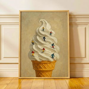 Ice Cream Ski Print, Minimalist Tiny People Skiing on Ice Cream Print (Digital Download)