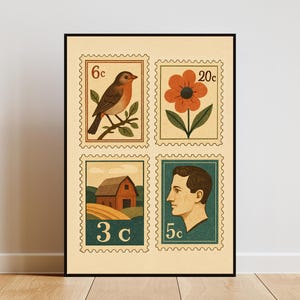 Stampe artistiche da parete con francobolli d'epoca, decorazioni postali retrò, collezione di francobolli antichi, download digitale, arte stampabile, poster nostalgico