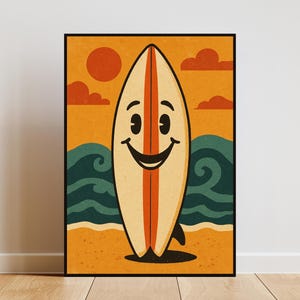Póster retro de tabla de surf sonriente: impresión digital de arte surfero de los años 70, decoración de pared con olas oceánicas alegres, descarga de vibraciones playeras de verano.