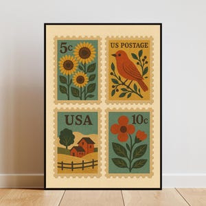 Impresión de sellos botánicos vintage, arte mural de girasoles y pájaros, sellos postales retro de EE. UU., decoración rústica, descarga digital, póster de naturaleza