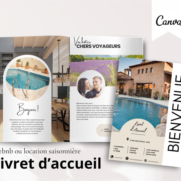 modèle de livre de bienvenue Airbnb en français maison avec piscine, location à la mer, guide airbnb A4, template Canva livret d'accueil