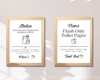 Affiche ne rien jeter, papier toilette uniquement, fosse sceptique, affiche de WC français et anglais, affiche WC pour Airbnb Canva