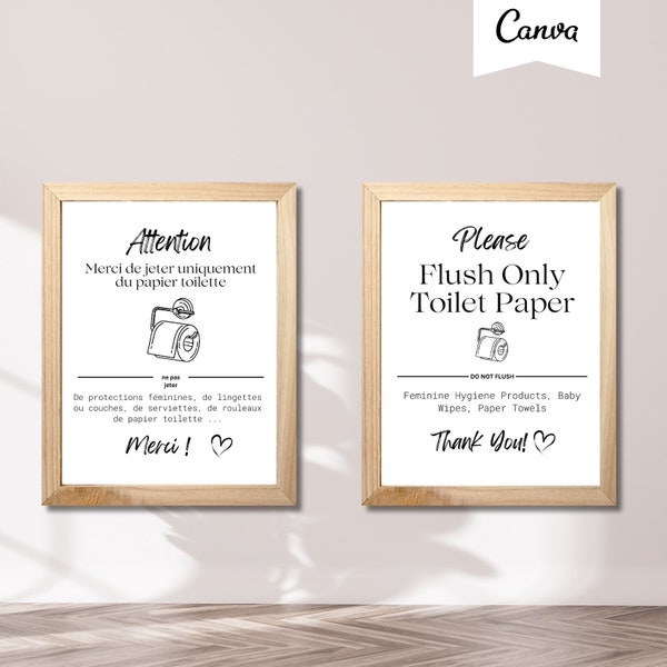 Affiche ne rien jeter, papier toilette uniquement, fosse sceptique, affiche de WC français et anglais, affiche WC pour Airbnb Canva