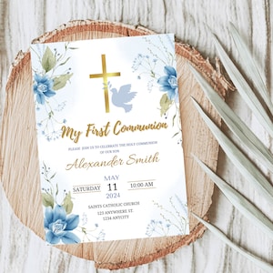 First Holy Communion Invitation Template - Blue Gender Neutral Digital Download - Customize for Your Child&#39;s Special Day - Digital download