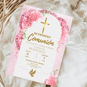 Mi Primera comunion para Niña-Self editable pink Personalized Spanish Holy Communion Digital Invitacion personalizada Mi Primera comunión