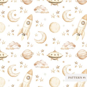 Naadloos aquarel ruimtepatroon, raket, ufo, maan, sterren, wolken, planeten, decor kinderkamer, kinderkamerbehang, stofontwerp, ambachten, png