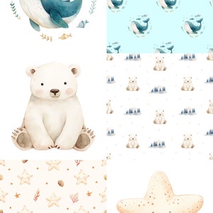 May include: A set of four digital illustrations featuring a blue whale, a polar bear, a starfish, and a seamless pattern of starfish, seashells, and coral. The illustrations are in a watercolour style.