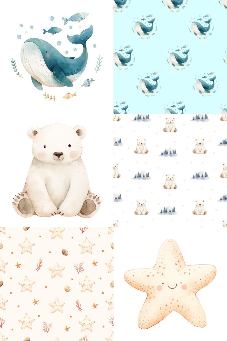 May include: A set of four digital illustrations featuring a blue whale, a polar bear, a starfish, and a seamless pattern of starfish, seashells, and coral. The illustrations are in a watercolour style.